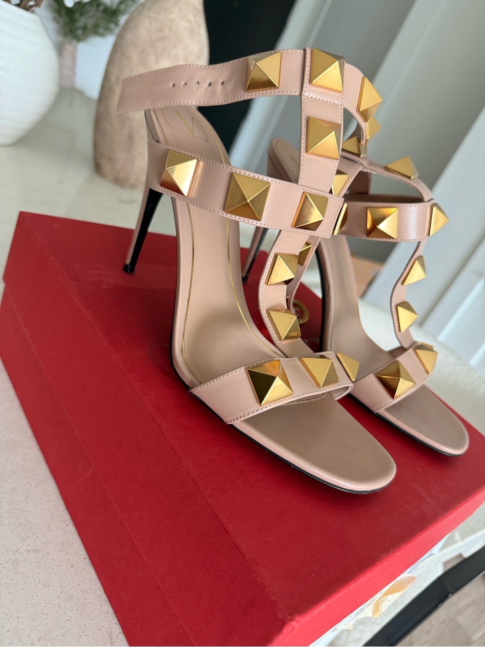 Valentino Garavani Roma Stud Nude Pink Strappy Heels with Gold Pyramid Studs